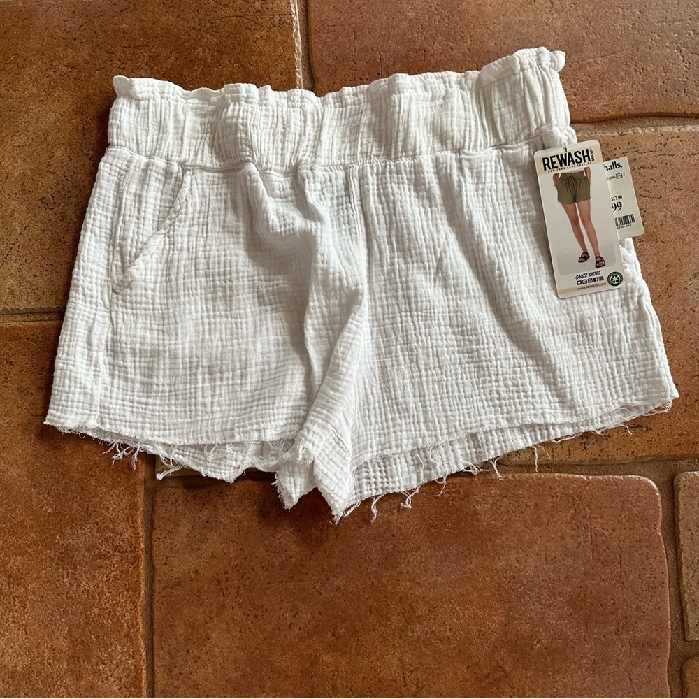Rewash Gauze White Raw Edge Shorts Pull On Pockets Beach Resort Large